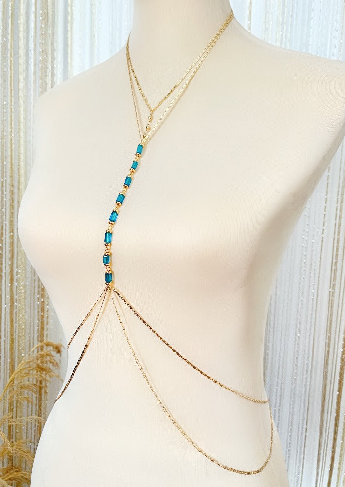 Rosegold chain with aquamarine accent. Amihan Body Chain by Stoneriver Philippines. Shipping Worldwide.