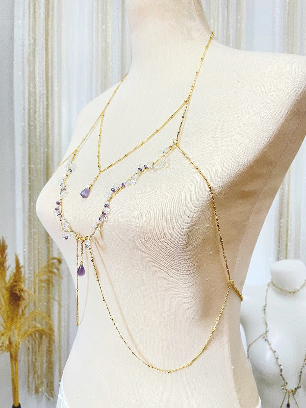 The dreamy 'Lila' double layer body chain by Stoneriver Philippines. Adorned with lilac cat eye stones, swarovski, and glass crystals on 18k goldfilled chains.