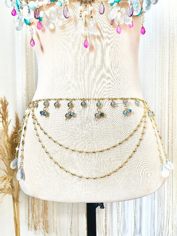 Handcrafted gemstone and crystal waist chain on gold filled chains. Made in the Philippines. Stoneriver by Kim Sabala.