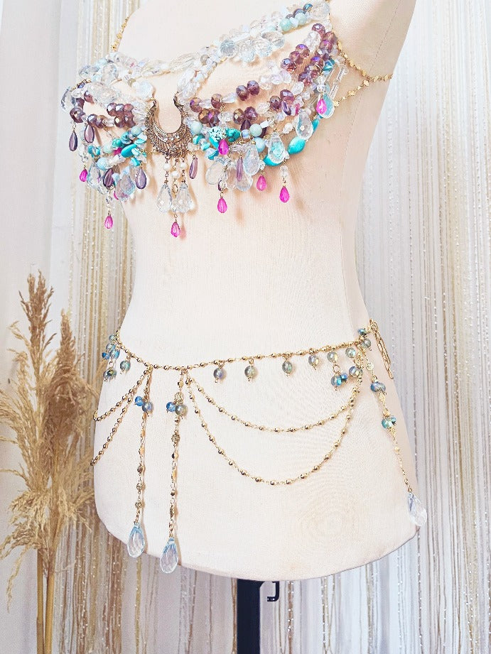 Handmade in the Philippines. This mermaid-inspired waist chain features cascading layers of mermaid glass and gold. Send us a message for custom sizes.