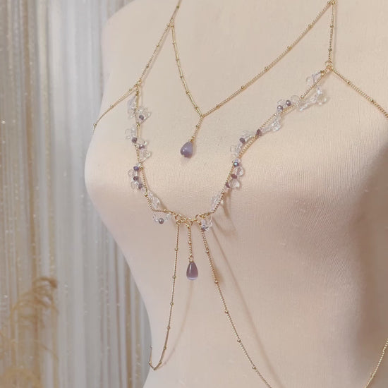 The dreamy 'Lila' double layer body chain by Stoneriver Philippines. Adorned with lilac cat eye stones, swarovski, and glass crystals on 18k goldfilled chains.