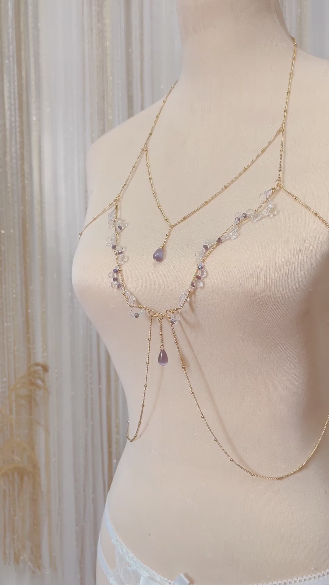 The dreamy 'Lila' double layer body chain by Stoneriver Philippines. Adorned with lilac cat eye stones, swarovski, and glass crystals on 18k goldfilled chains.