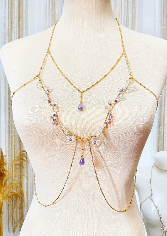 The dreamy 'Lila' double layer body chain by Stoneriver Philippines. Adorned with lilac cat eye stones, swarovski, and glass crystals on 18k goldfilled chains.