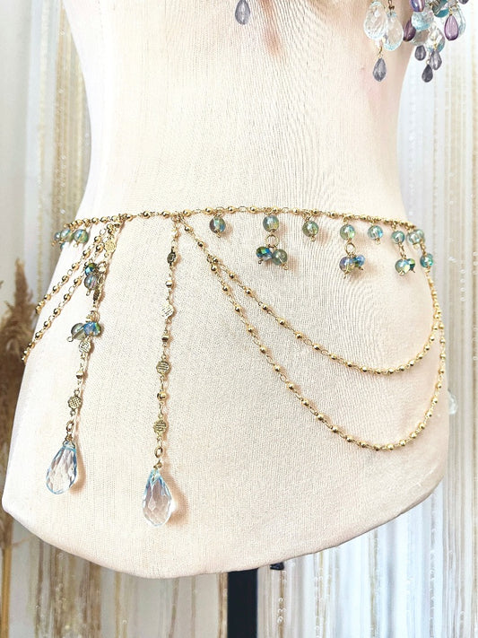 Handmade in the Philippines.  This mermaid-inspired waist chain features cascading layers of mermaid glass and gold. Send us a message for custom sizes.
