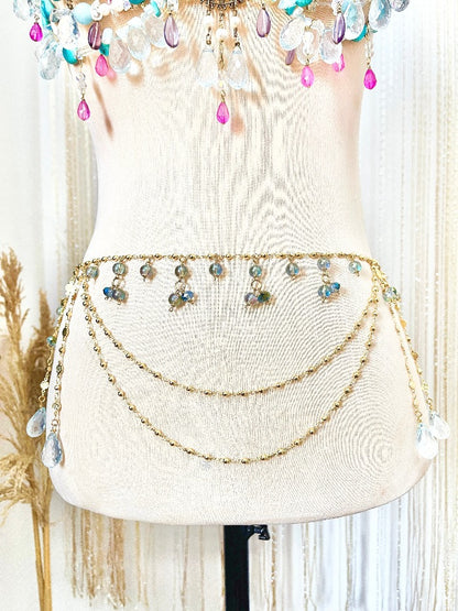 Handcrafted gemstone and crystal waist chain on gold filled chains. Made in the Philippines. Stoneriver by Kim Sabala.