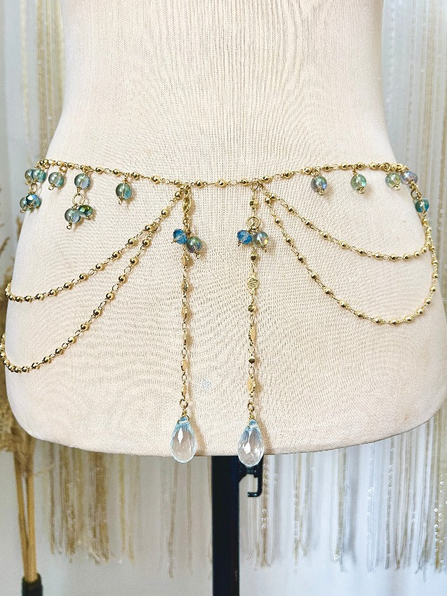 Handcrafted gemstone and crystal waist chain on gold filled chains. Made in the Philippines. Stoneriver by Kim Sabala.