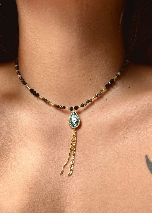 Tourmaline Evil Eye Tassel Choker (15"-17")