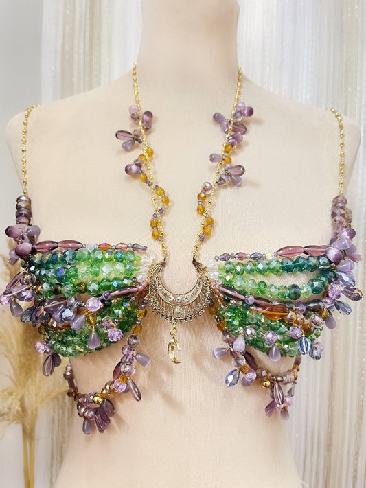 Made in the Philippines ✶ Shipping Worldwide ✶ Mesmerize in this extra special body piece from Kim Sabala, featured in a corset-inspired design with underbust adornments for an ultra-flattering look. Features amber stones, lilac cat eye stones, citrine stones, glass crystals strung on 18k gold filled chains.