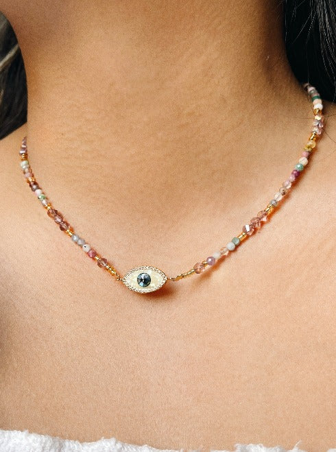 handmade tourmaline choker with an evil eye amulet. handmade by stoneriver philippines. made for the sophisticated bohemian.