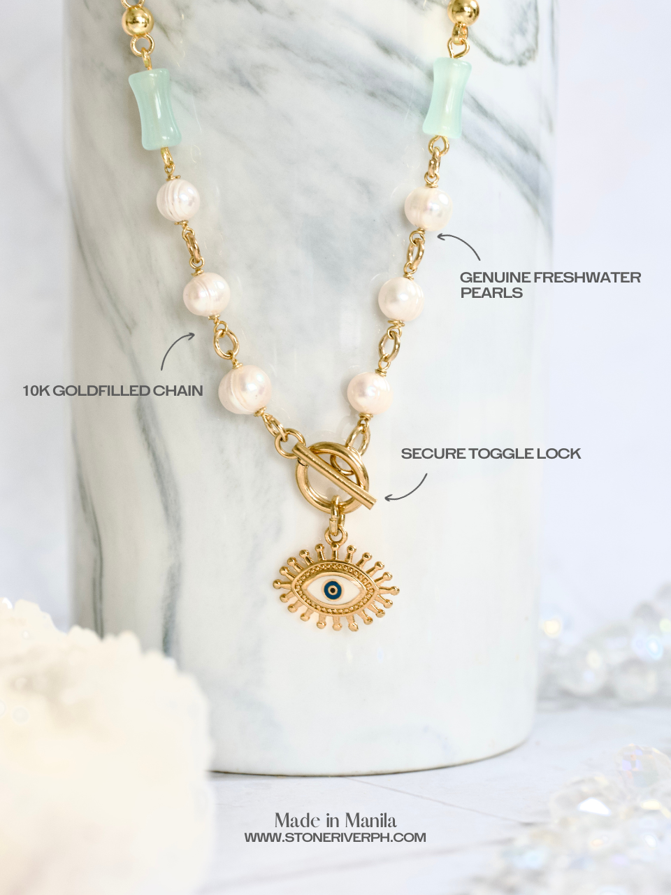 evil eye jewelry collection by stoneriver philippines. Necklaces and Chokers handmade using 10k gold filled and 18k gold plated stainless steel with crystals and freshwater pearls.